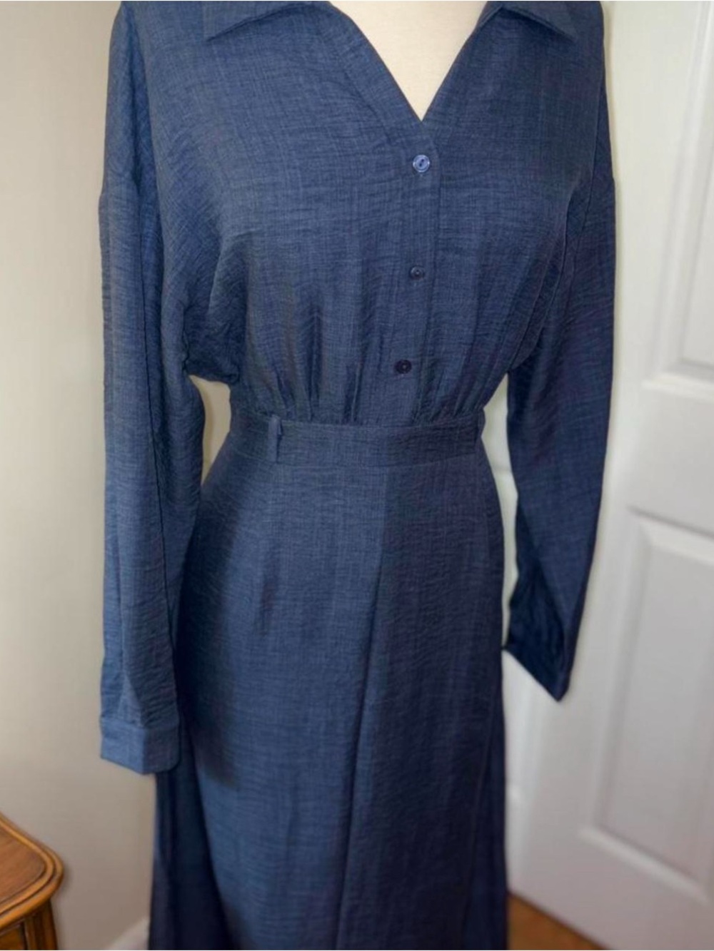 Source Unknown Deep Navy Long-Sleeve Button Dress